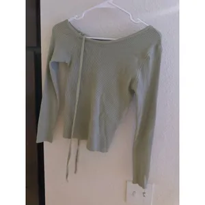 Sage Green Ribbed Knit Asymmetrical Tie Neck Long Sleeve Top‎ Sweater thumbnail 2