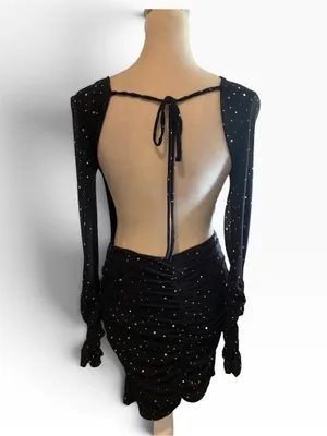 Black Backless Sparkle Ruched Long-Sleeve Mini Dress Brand New thumbnail 3