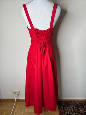 Peiran Red Cottagecore Corset Tie Front Midi Dress thumbnail 5
