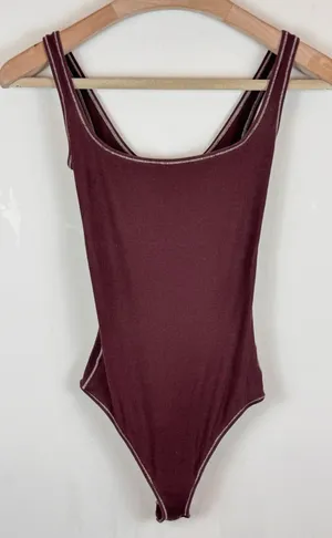 SKIMS Cotton Rib Bodysuit Chocolate Brown Scoop Neck Thong Size S thumbnail 1