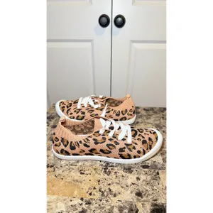 Leopard Print Mesh Knitted Slip On Sneakers Tan Black Animal Print Low Top 9 thumbnail 3
