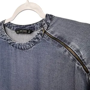Zara Basic Long Sleeve Denim Shift Tunic Dress Shoulder Zip Blue Womens Size S‎ thumbnail 6