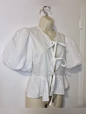 Playa Lucila White Puff Sleeve Peplum Tie Front Blouse S thumbnail 3