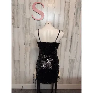 AKIRA Black Sequin Lace Up Mini Dress Womens Size Small S Spaghetti Strap Bodyco thumbnail 3
