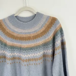 J Crew Fair Isle Yoke Puff Sleeve‎ Sweater Blue Alpaca Wool Womens Medium thumbnail 4