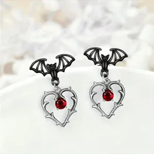 Gorgeous Black Bat Heart‎ Dangle Halloween Earrings with Ruby Color Decor Silver thumbnail 6
