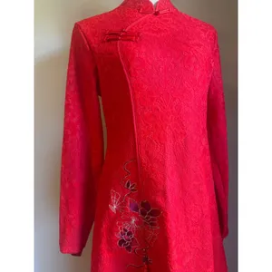 Red Floral Lace Cheongsam Qipao Dress Long Sleeve Tassel Embroidery Small whimsi thumbnail 2