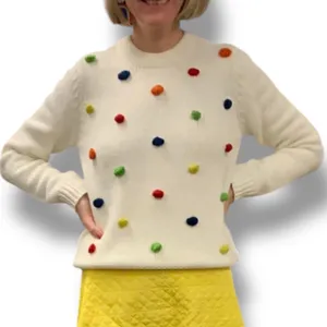 ModCloth White Knit Sweater Multicolor Rainbow Pom Poms Polka Dot Crewneck‎ thumbnail 9