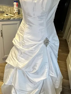 Ivory Satin Strapless Wedding Gown with Rhinestone Brooch thumbnail 1