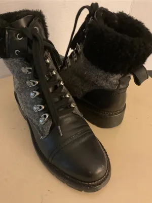 Frye women Black Leather and Gray Wool Lace-Up Shearling Samantha Boots US 8 thumbnail 1