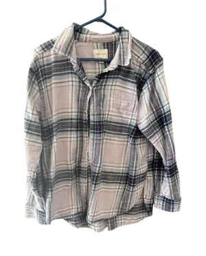 American‎ Eagle Womens Plaid Flannel Shirt Purple Blue Boyfriend Fit 100% Cotton thumbnail 1