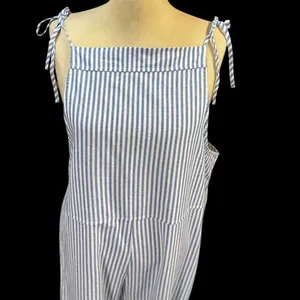 Striped Blue L Tie Shoulder Wide Leg Jumpsuit Overall Preppy Cotton‎ Summer Cute thumbnail 2