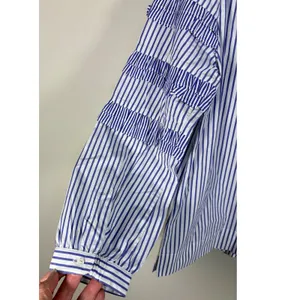 J.Crew Ruffle Stripe Blouse Womens 10 Blue‎ White Excellent Cotton Keyhole Tie thumbnail 9