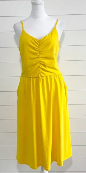 Yathon Yellow Ruched Front Midi‎ Sundress with Spaghetti Straps Size L thumbnail 1