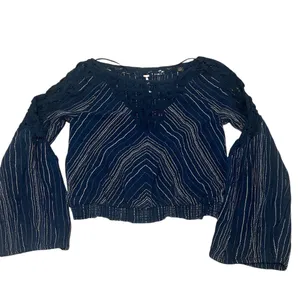 Free People Women's Navy Striped Blouse V-Neck Balloon Sleeve S thumbnail 3
