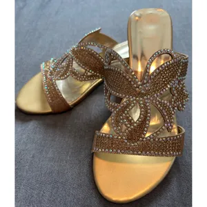 Gold Rhinestone Butterfly Slide Sandals Architectural Crystal Block Heel thumbnail 8