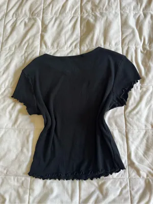 Reformation Black Ribbed Lettuce-Edge Crop Top thumbnail 2