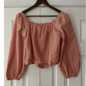 Madewell Striped Button Front Balloon‎ Sleeve Crop Top Orange White L thumbnail 3