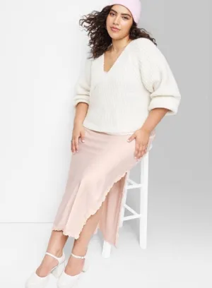 Light Pink High Rise Pull On Waist Satin Lace Trim MIDI Skirt New! thumbnail 1