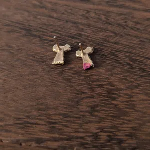 Vintage Stud Earrings Pink & Gold Tone Mouse - Very Small & Dainty thumbnail 3