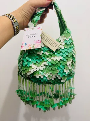 Viral Beaded Bag Made in India Green White Floral Hanging Flower Fringe thumbnail 1