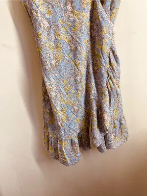 Free People All My Love Wrap Dress Blue Yellow Floral Mini Ruffle Hem size M thumbnail 10