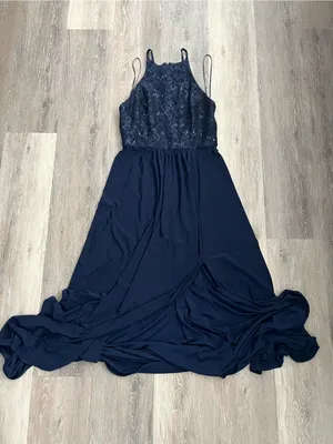 Morgan & Co Navy Lace Sequin Halter Maxi Gown Prom Evening Formal Dress Junior 7 thumbnail 3