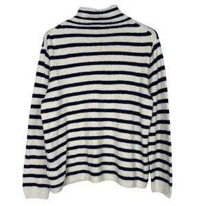 J. Crew Striped Knit Boucle Mock Neck Long Sleeve Sweater L Cream Navy Blue thumbnail 4