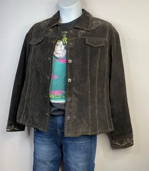 Coldwater Creek Y2K Brown Suede Leather Western Cowgirl Embroidered Jacket L thumbnail 11
