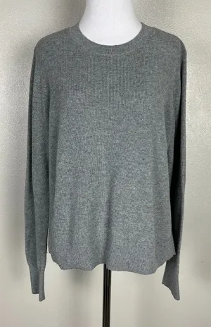 Loft Sweater Top‎ Women L Grey Speckled Ribbed Knit Crew Neck Preppy Lightweight thumbnail 1