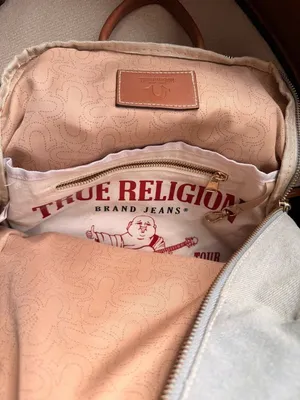 Denim Backpack True Religion Buddha Multi Pocket Light Blue Y2K Streetwear thumbnail 8