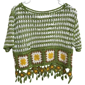 Crochet Granny Square Fringe Crop Top Green White Boho Festival Beach Cover Up L thumbnail 2
