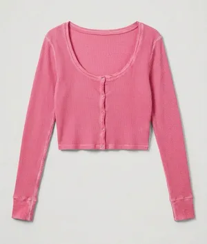 Waffle-Knit Cropped Button-Front Top in Pink thumbnail 1