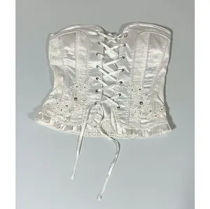 White Satin Silk Embroidered Floral Tie-Up Bridal Corset Top Bustier Lingerie Size S/M 🤍 thumbnail 3