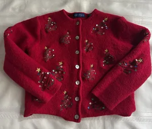 Karen Scott Red 100% Wool VintageCardigan Sweater Sequin Embroidered Tree M Crew thumbnail 1