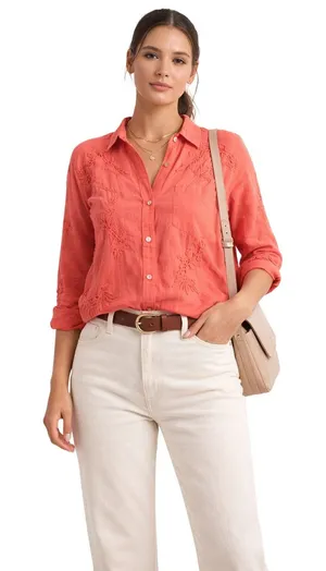 Karyn Seo Coral Embroidered Cotton Button Down Shirt Boho Medium thumbnail 1