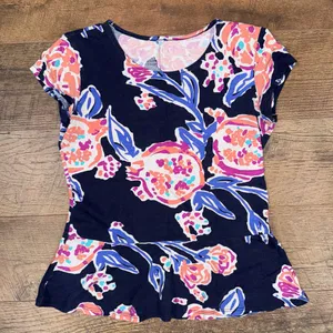 Lilly Pulitzer Navy Floral Alene Knit Peplum T-Shirt in Pom Poms thumbnail 1