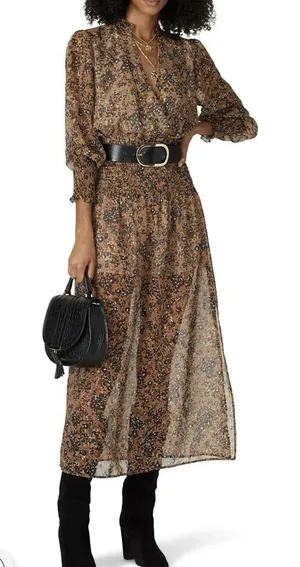 Waverly Grey Floral‎ Brown Printed Chiffon Brynlee Dress Size XS(No Belt) thumbnail 1