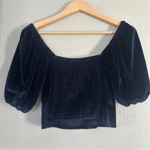 Abercrombie & Fitch Navy Blue Velvet Square Neck Puff Sleeve Crop Top Small thumbnail 6