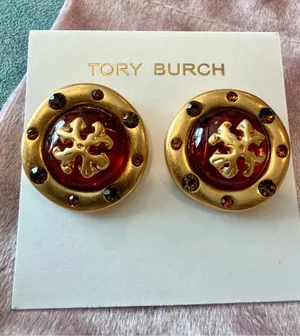 Tory Burch | Gold Plated & Red Stone Dome Logo Earrings thumbnail 1