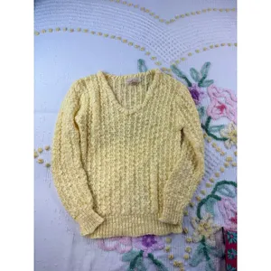 Mister Noah Vintage Yellow V-Neck Textured Knit Sweater Cozy Retro Pullover M thumbnail 4