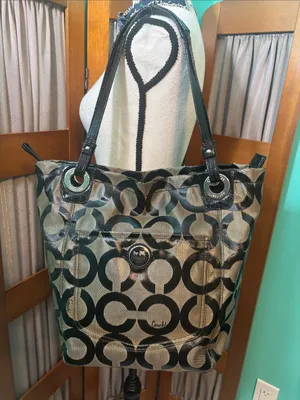 Coach “Op Art” Black and Tan Circle Logo Tote thumbnail 1