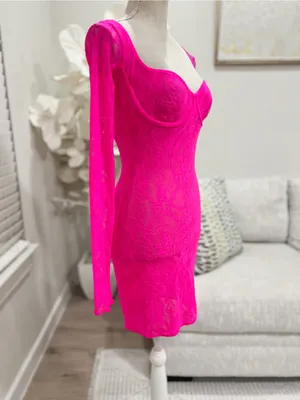 Skims Stretch Lace Lined Hot Pink Long-Sleeve Woman’s Mini Dress Size Small thumbnail 4
