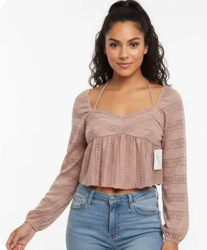 Elegant Dusty Pink Long Sleeve Crop Top thumbnail 1