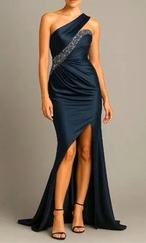 NWT Mandalay Navy Blue One Shoulder Beaded Sequin Evening Gown Dress Size 14 thumbnail 1
