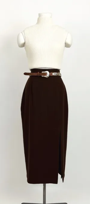 Vintage 80’s Pure Wool Split Hem Midi Skirt in Brown | Size XS/S thumbnail 1