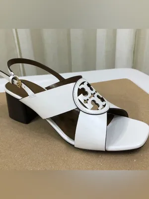 Tory Burch Miller Slingback Logo Block Heel Sandal US 9 Cloud White Leather thumbnail 4