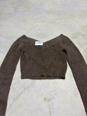 American Eagle NWT Brown Fuzzy Off-Shoulder Cropped Sweater SMALL MSRP$45 thumbnail 2