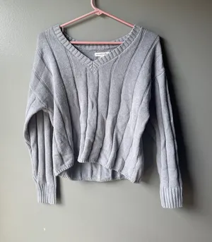 Gray‎ Ribbed V Neck Sweater Womens Y2K Cozy Casual Minimalist Preppy thumbnail 1