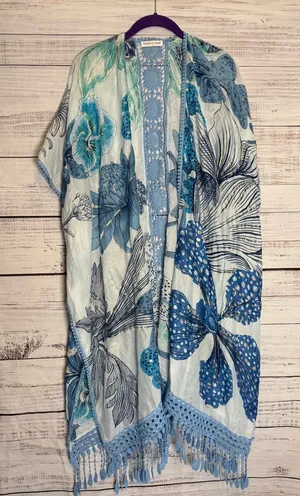 Woven Heart Teal and Cream Kimono With Crochet Detail thumbnail 1